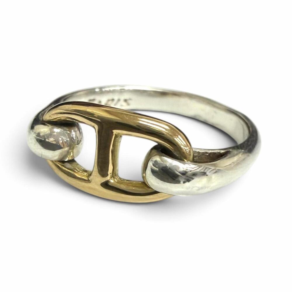 HERMES Vintage SV925 750 Chaine d'Ancre Ring, Silver and Gold, Size 53, Weigh...